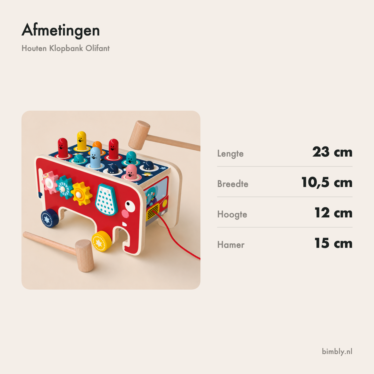Afmetingen van de houten klopbank olifant: lengte 23 cm, breedte 10,5 cm, hoogte 12 cm, hamer 15 cm