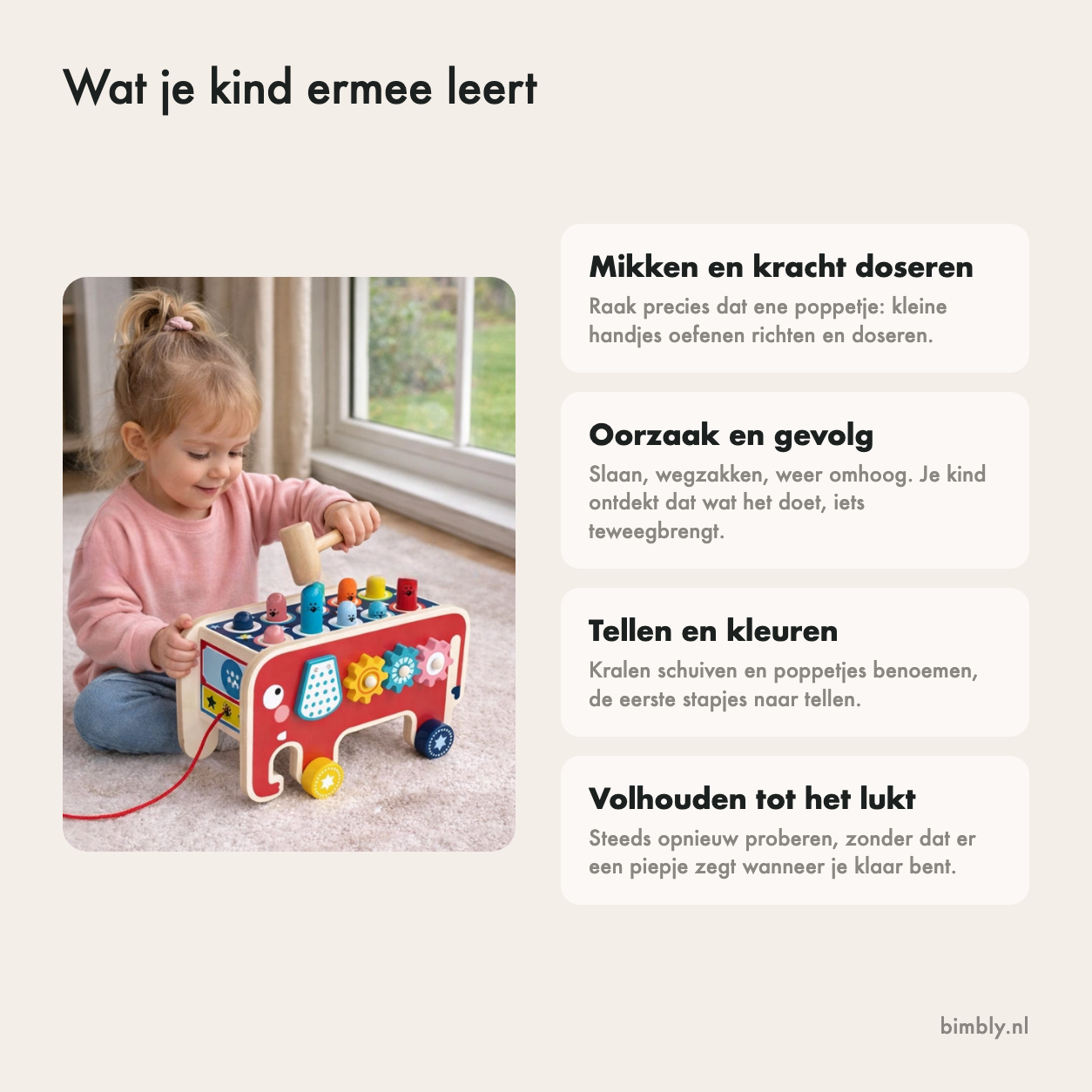 De vier functies van de houten klopbank olifant: hamerspel, tandwielen, telraam en trekfiguur